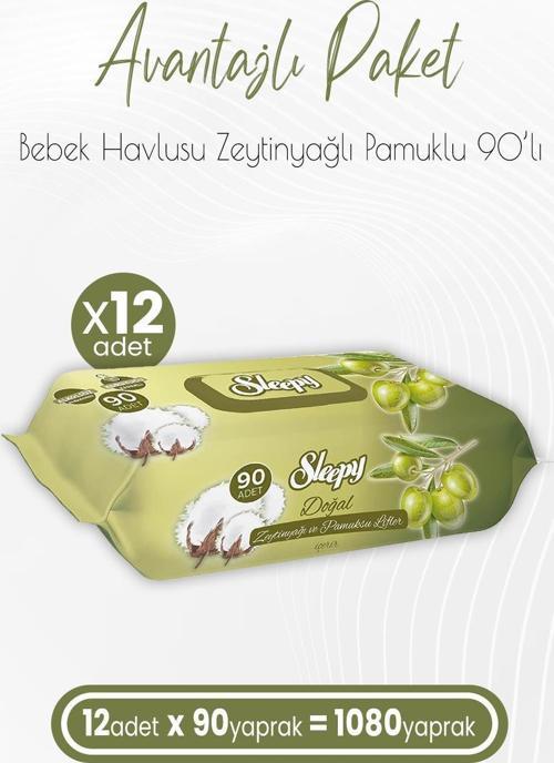 Zeytinyağlı ve Pamuklu Islak Bebek Havlusu 90 Yaprak x 12 (1080 Yaprak)