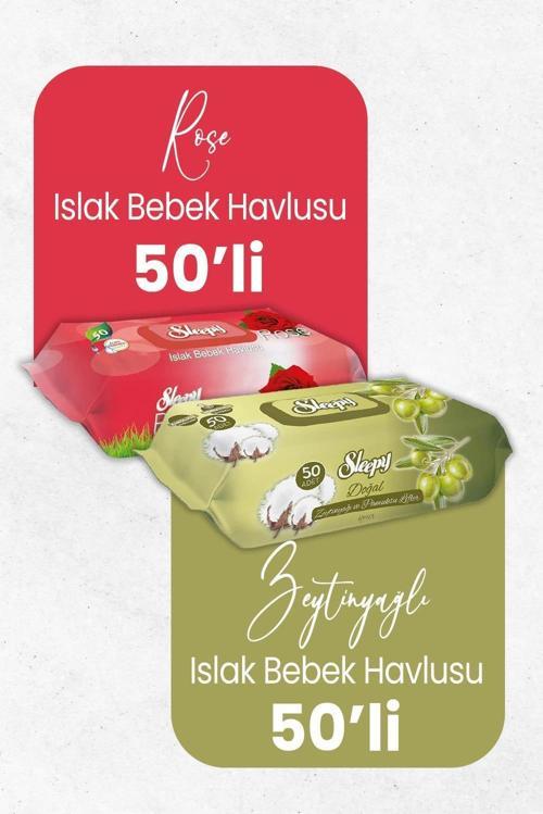 Islak Bebek Havlusu Gül Kokulu 50'li ve Zeytinyağlı 50'li x 2 Adet (100 Yaprak)