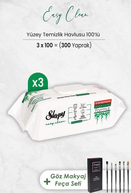 Easy Clean Yüzey Temizlik Havlusu 100' lü x 3 Adet ve Göz Makyaj Fırça Seti