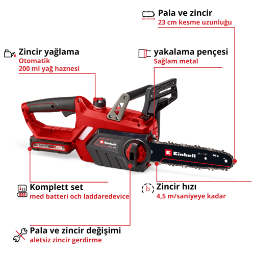 GE-LC 18/25-1 Li Kit (1x3.0 Ah) Power X-Change Akülü Ağaç Kesme (18 V, 23 cm kesim uzunluğu, 4.5 m/s zincir hızı, otomatik zincir yağlama, 3.0 Ah akü ve şarj cihazı dahil) - 4501760