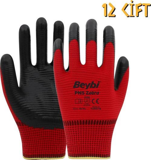 Polyester-Nitril İş Eldiveni PN5 Zebra No: 10 KIRMIZI - 12 Çift