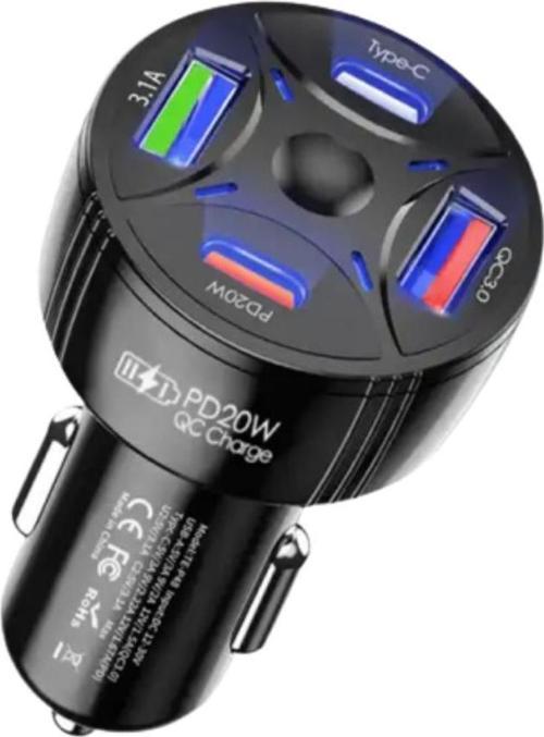50W Süper Hızlı 4in1 2x USB ve 2x Type C Girişli Araç Şarj Adaptörü, Akım ve Isı Korumalı Şarj Başlığı