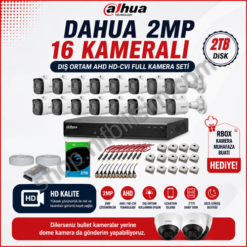 2mp 16 kameralı Dış ortam AHD HD-CVI Full Kamera Seti 2TB Disk