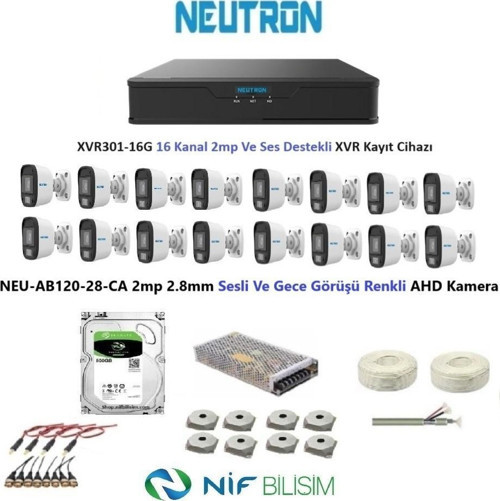 2mp 16 kameralı Gece Renkli Sesli Dış ortam AHD Full Kamera Seti 500GB Disk NEU-AB120-28-CA