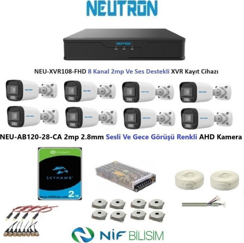 Neutron 2mp 8 kameralı Gece Renkli Sesli Dış ortam AHD Full Kamera Seti 2TB Disk NEU-AB120-28-CA
