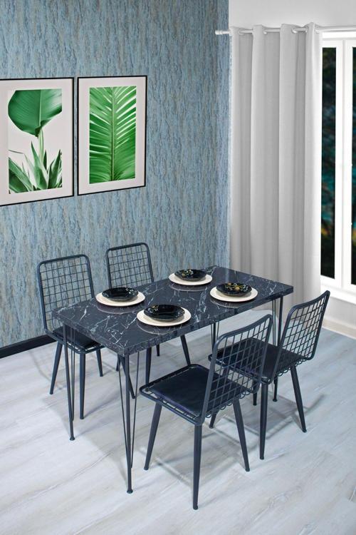 Gül 120X70 Yemek Masa Sandalye Takımı 4 Kişilik Yıldız Sandalye Salon Balkon Cafe Takım Siyah Mermer