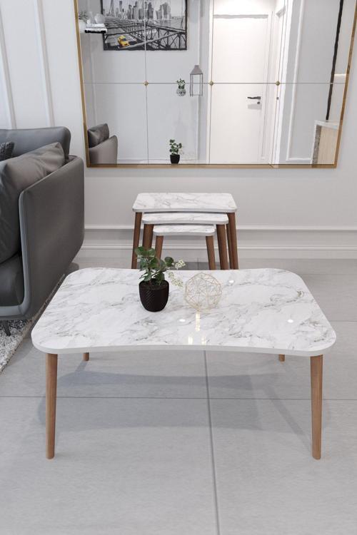 Esma Orta Sehpa Ve Zigon Sehpa 4'Lü Ahşap Ayaklı Salon Seti Sehpa - Beyaz Mermer Desenli
