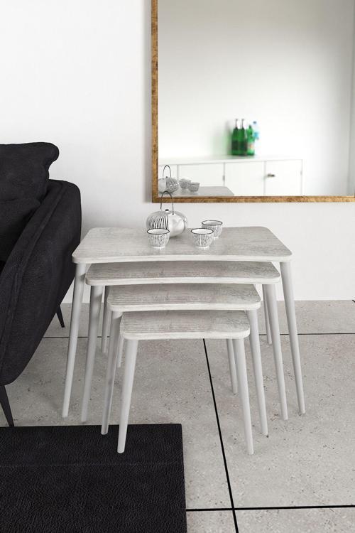 Selen 4Lü Zigon Sehpa Ahşap Beyaz Ayaklı Salon Seti Çay Sehpası – Kristal