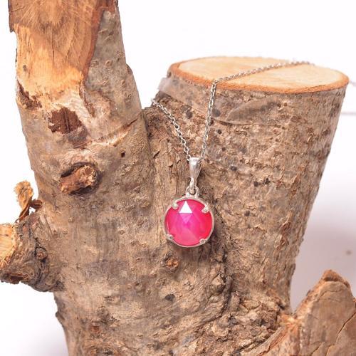 Pembe Akik Taşı Gümüş Kolye - Dolunay Model