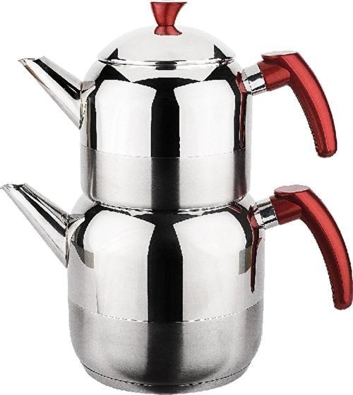 Kırmızı Athena Büyük Boy Paslanmaz Çelik Çaydanlık Takımı 1300/2250 Ml.