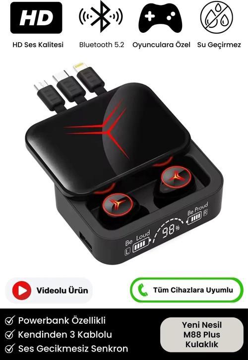 HD Ses Göstergeli Powerbank Özellikli Ios Android Uyumlu 5.2 Bluetooth M88 Plus Kablosuz Kulaklık