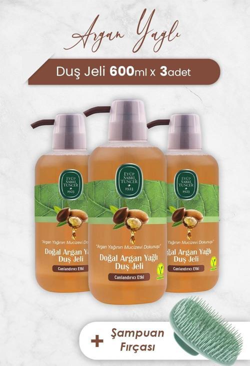 Argan Yağlı Duş Jeli 600 ml x 3 Adet ve Şampuan Fırçası