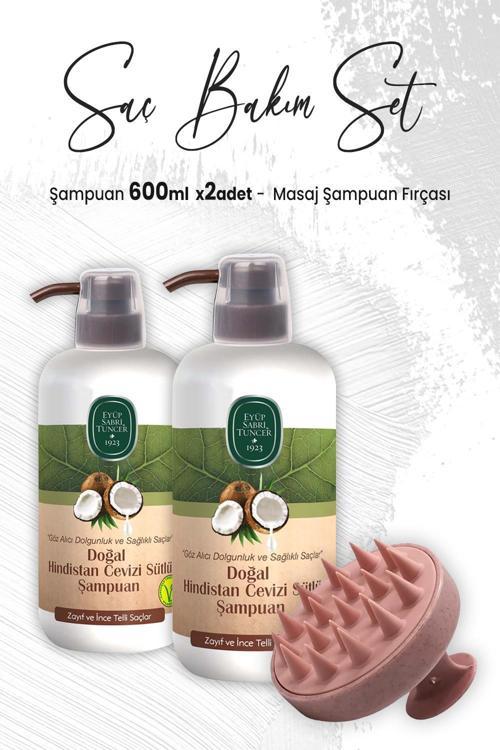 Doğal Hindistan Cevizi Şampuan 600 ml x 2 Adet ve Masaj Şampuan Fırçası Pembe