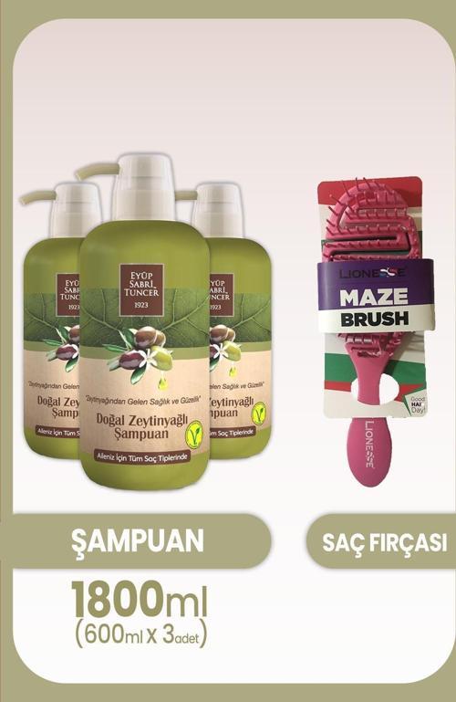 Doğal Zeytinyağlı Şampuan 600 ml x 3 Adet ve Saç Fırçası