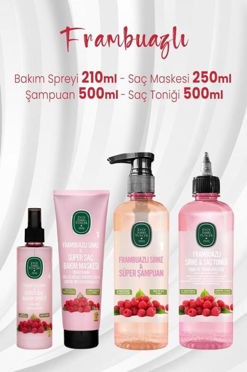 Frambuazlı Saç Bakım Spreyi 210 ml, Maskesi 250 ml, Şampuan 500 ml ve Tonik 500 ml