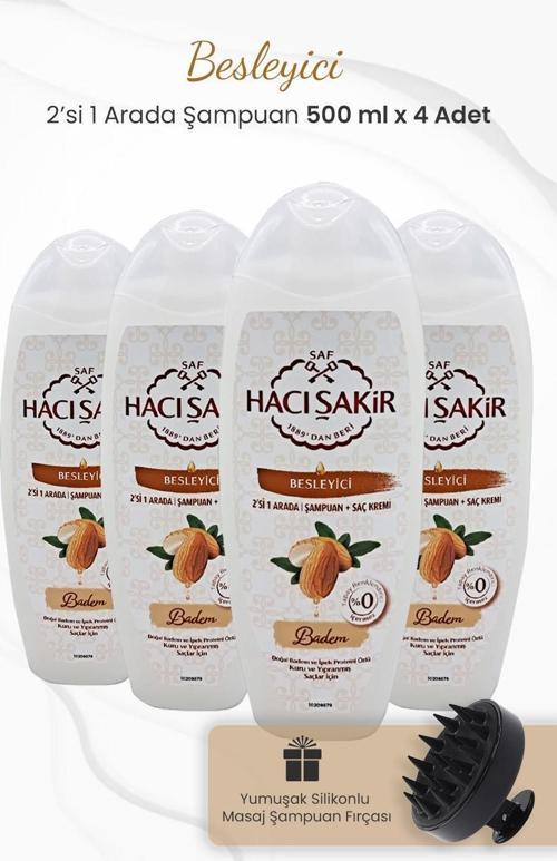 Badem 2si 1 Arada Şampuan 500 ml x 4 Adet ve Şampuan Fırçası Siyah