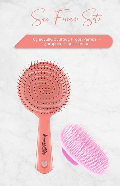 Üç Boyutlu Oval Saç Fırçası Pembe ve Şampuan Fırçası Pembe
