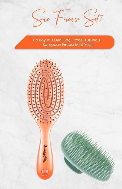 Üç Boyutlu Oval Saç Fırçası Turuncu ve Şampuan Fırçası Mint Yeşili