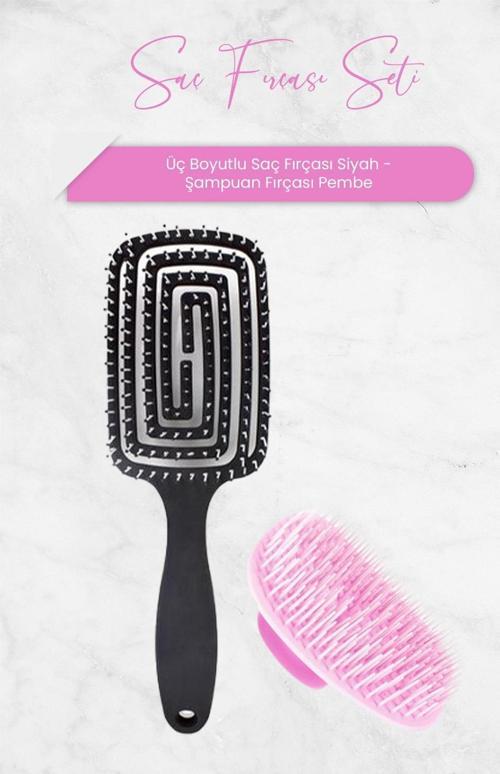 Üç Boyutlu Saç Fırçası Siyah ve Şampuan Fırçası Pembe