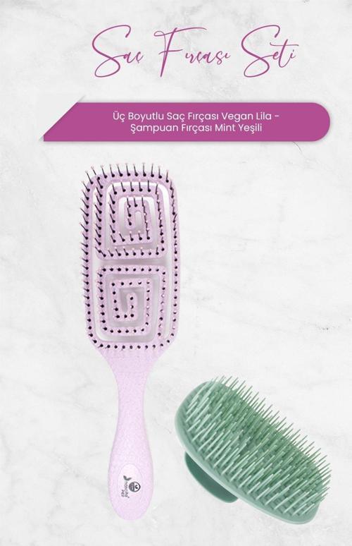 Üç Boyutlu Saç Fırçası Vegan Lila ve Şampuan Fırçası Mint Yeşili