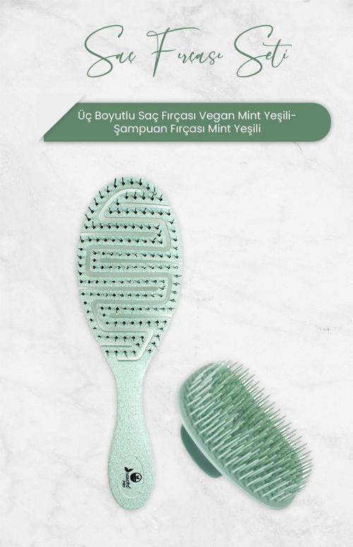 Mint Yeşili Üç Boyutlu Saç Fırçası Vegan ve Şampuan Fırçası