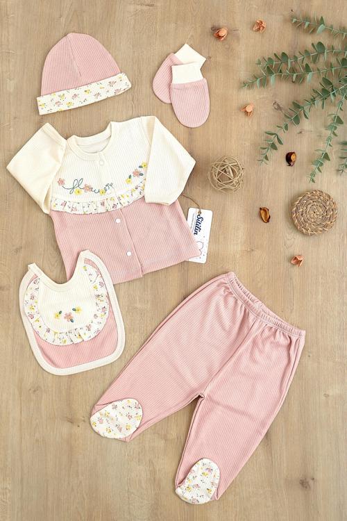 Kız Bebek Natural Pamuk Kumaş 5 Li işlemeli Lüks Hastane Çıkışı Seti STL6792