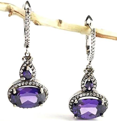 Ametist Ve Zirkon Taşlı Lüks Gümüş Sallantılı Küpe