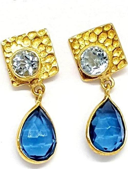 Aqumarin Ve Zirkon Taşlı Gümüş Tasarım Küpe