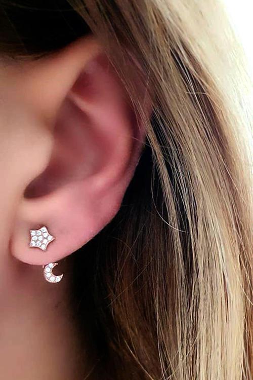 Ay Yıldız Figürlü Gümüş Rose Earcuf Kupe