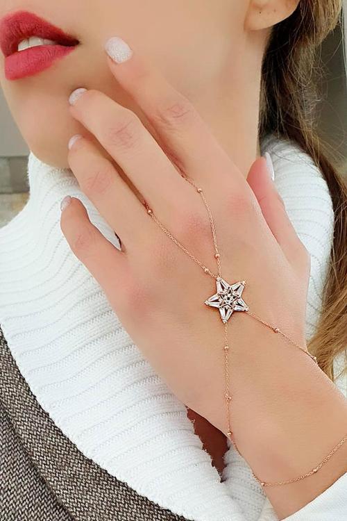 Baget Zirkon Taşlı 925Ayar Gümüş Üzerine Rose Altın Kaplama Trend Yıldız Şahmeran