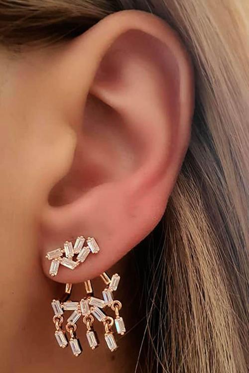 Baget Zirkon Taşlı Gümüş Rose Earcuff Cift Küpe