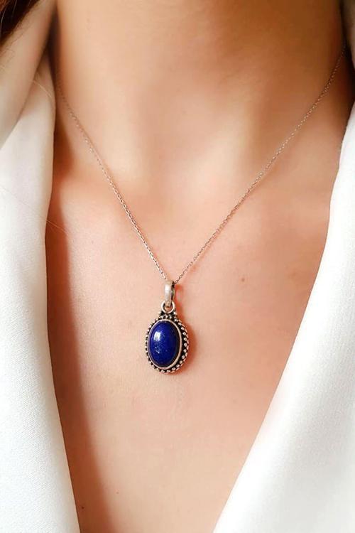 Doğal Lapis Tasli Gümüs Tasarim Kolye