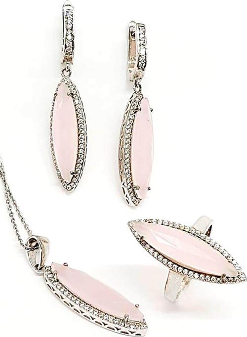 Pembe Kuvars Ve Zirkon Taşlı Gümüş Modern Takı Seti