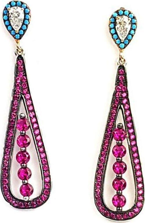 Pembe Zirkon Ve Turkuaz Taşlı Sallantılı Lüks Gümüş Küpe