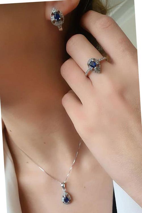 Lacivert Zirkon Taşlı Gümüş Takı Seti