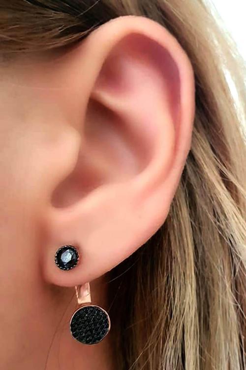Oniks Taşlı Gümüş Rose Earcuff Küpe