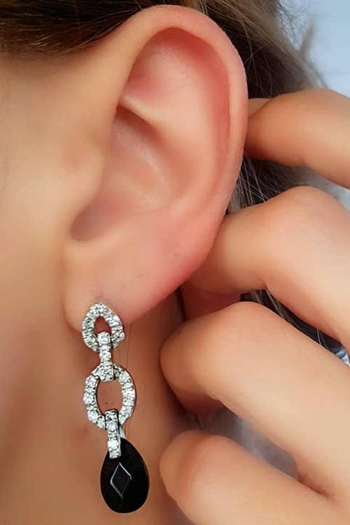 Pırlanta Işıltısında Zirkon Ve Oniks Taşlı Gümüş Sallantılı Küpe