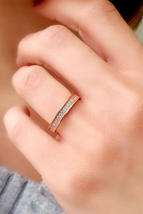 Pırlanta Parlaklığında Zirkon Taşlı 925 Ayar Gümüş Rose Tamtur Yüzük