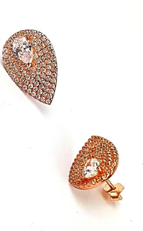 Pırlanta Işıltısında Zirkon Taşlı Gümüş Üzerine Rose Altın Kaplamalı Damla Model Küpe