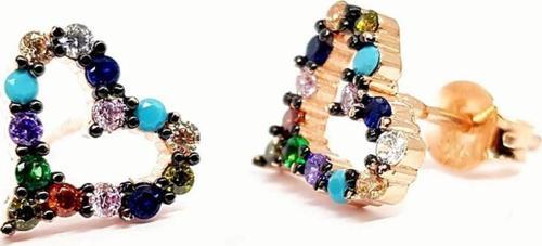 Renkli Taşlı Kalp Figürlü Gümüş Rose Küpe