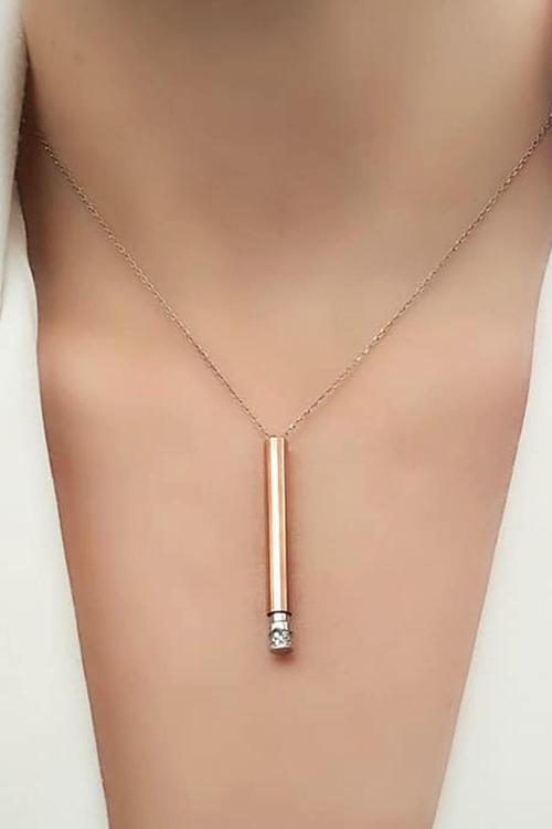 Rose Beyaz Zirkon Taş Detaylı 925 Ayar Gümüş Çubuk Kolye