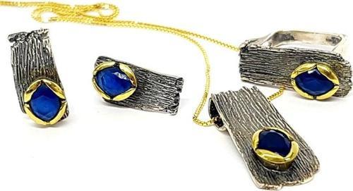 Tasarım Lacivert Zirkon Taşlı Gümüş Set