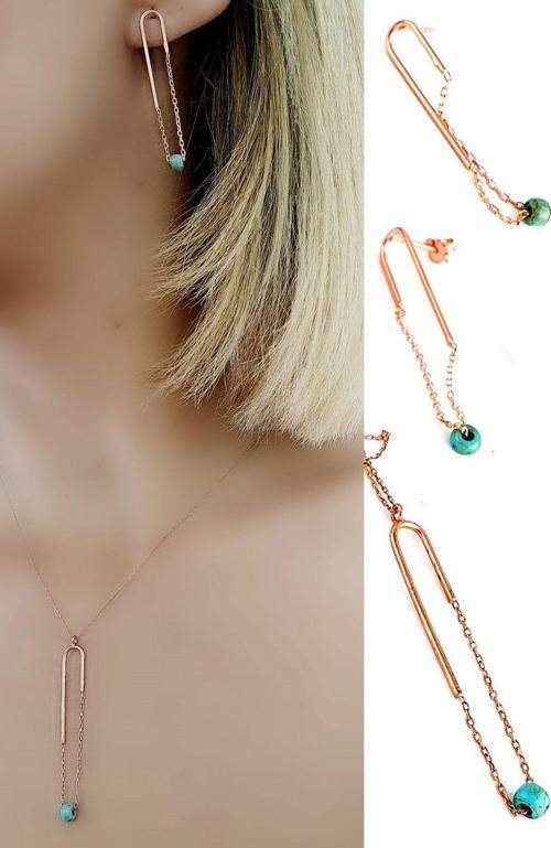 Turkuaz Taşlı Tasarım 925Ayar Gümüş Rose Trend  Set Takım