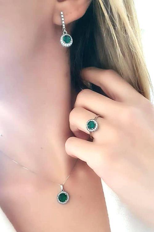 Yesil Zirkon Taşlı Gümüş Şık Takı Seti