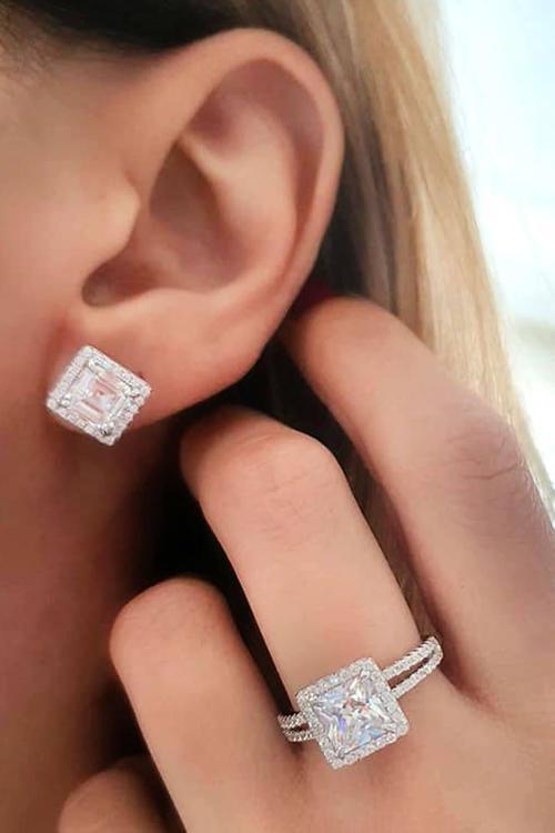 Swarovski Taşlı Gümüş Lüks Yüzük Küpe Takım