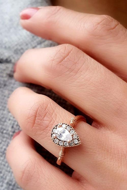 Zirkon Taşlı 925 Ayar Gümüş Rose Damla Yüzük