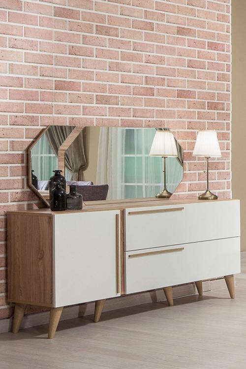 Alize Aynalı Tek Kapaklı Çift Çekmeceli Konsol - Ceviz