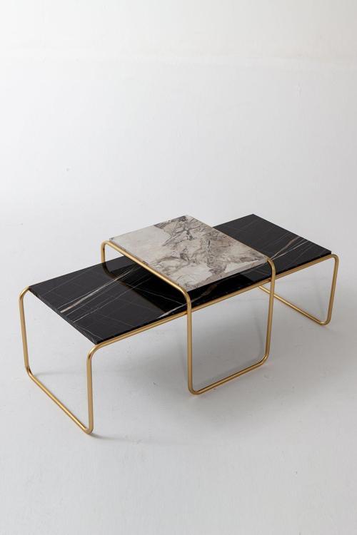 Valley Salon&Oturma Odası 2'Li Orta Sehpa Takımı - Mermer Desenli&Gold