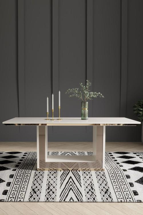 Bendis Sabit 190X100 Salon&Oturma Odası Yemek Masası - Krem&Gold