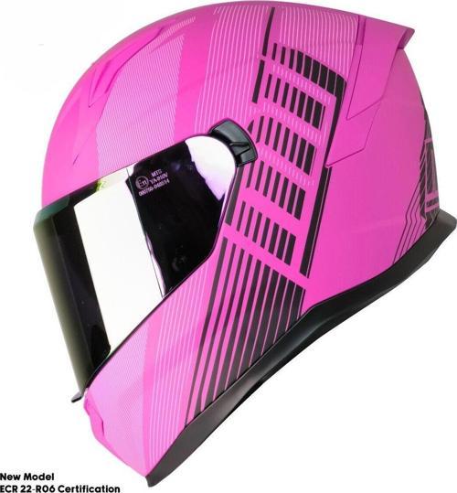 Motosiklet Kadın Kaskı 22.R06 Sertifika Güneş Vizörlü Fiber Kask Full Face Motor Kask Furchsia Lady